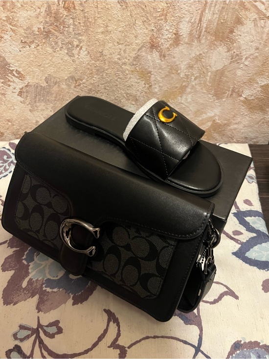 Coach Other - Coach Black Signature Canvas and Leather Shoulder Bag with Black Quilted Slide
